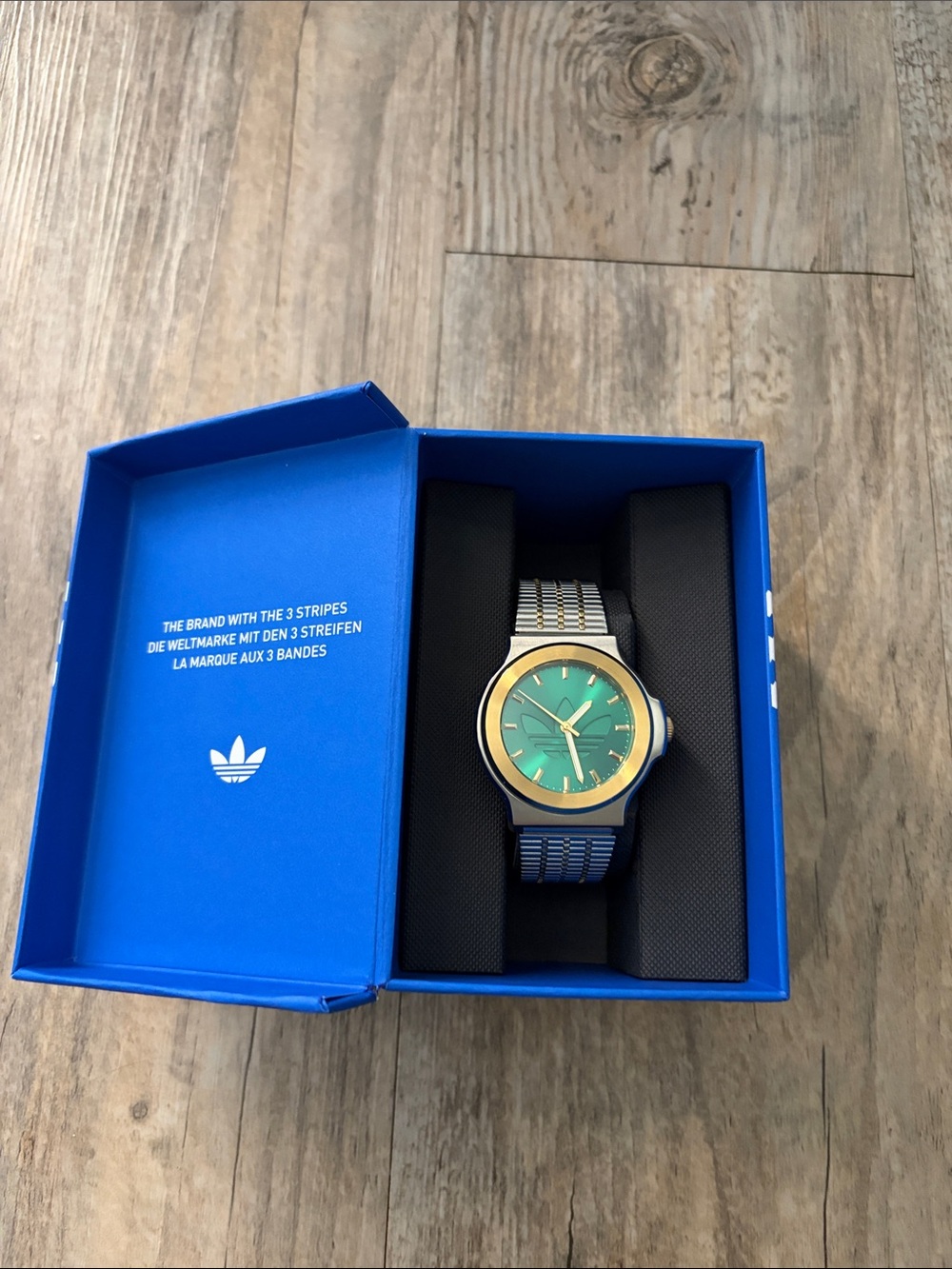 adidas Men's Green Dial Gold Bezel Watch with Blue Bracelet